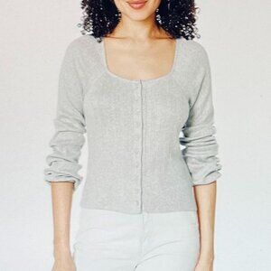 Lucky Brand Square Neck Pointelle Button Front Top in Gray (XS) New with Tag